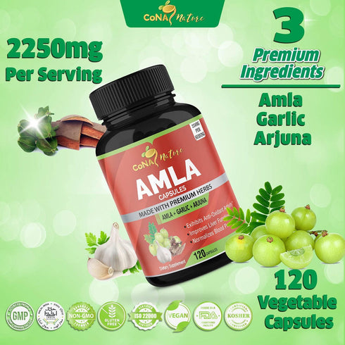Organic Amla Capsules 2250mg & Arjuna, Garlic | 120 Caps | Natural Vitamin C Supplements, High Antioxidants, Supports