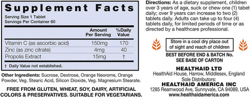 Zincovit - C, Chewable Vitamin C and Zinc Lozenges with Propolis, 60ct, Vegetarian