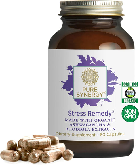 PURE SYNERGY Stress Remedy Supplement with Ashwagandha | Organic Adaptogen Support from Rhodiola, Lemon Balm, 60