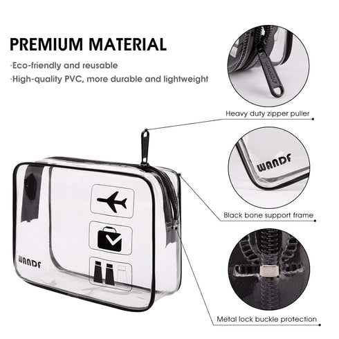 WANDF TSA Approved Toiletry Bag, 2 Packs Clear Makeup Cosmetic Pouch, Carry-On Airport Compliant Bag for Travel