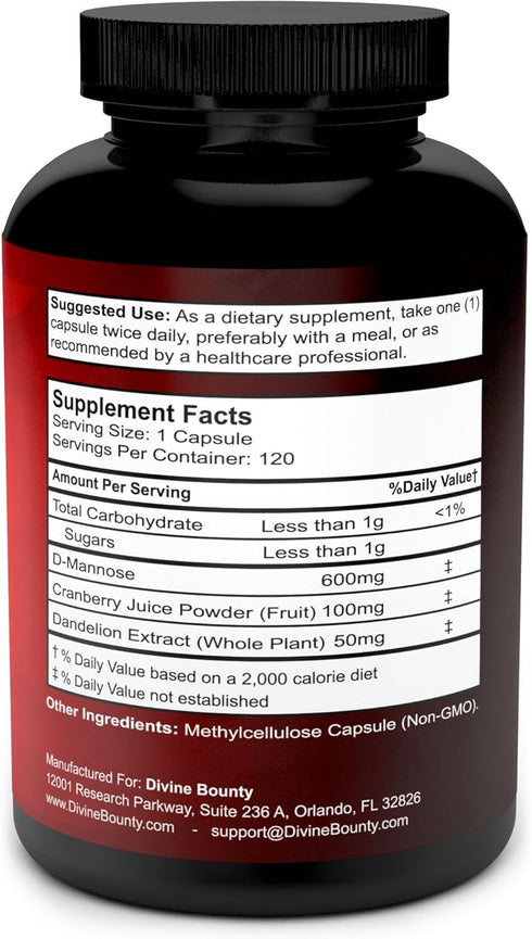 Divine Bounty D-Mannose Capsules - 600mg D Mannose Powder with Cranberry and Dandelion Extract, 120 Veggie Capsules
