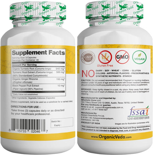 Organic Veda Turmeric and Ginger Capsules 120 pills - Organic Turmeric Curcumin with Black Pepper for Joint Support - Non Gmo, Gluten Free, Turmeric and Ginger Supplement (95% curcuminoids)