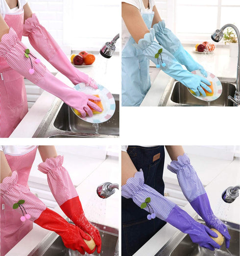 RARITYUS Household Kitchen Cleaning Gloves - Waterproof Cotton Lined Dishwashing Non-Slip Long Cuff Gloves