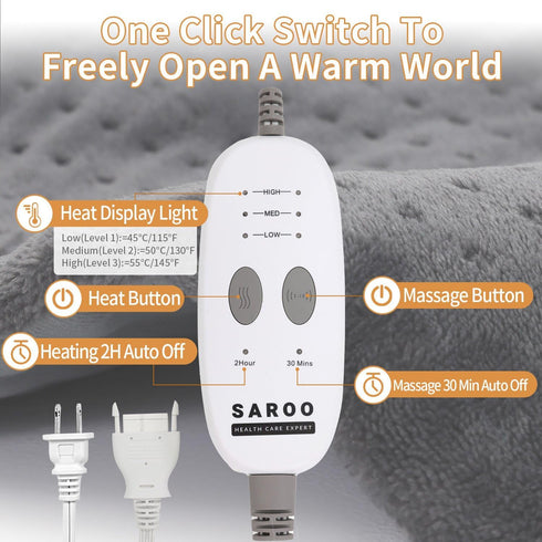 Heating Pad for Back Pain Relief, Portable Massaging Weighted Pad with 3 Heat Settings & 6 Massage Combinations, Light