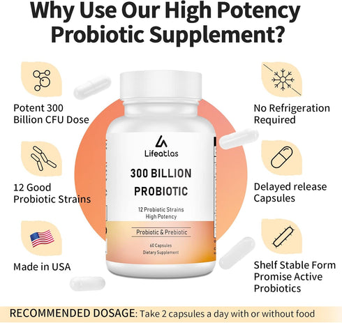 300 Billion CFU Probiotics - Probiotics for Women and Men, 12 Strains Plus Prebiotic for Immune & Digestive Health
