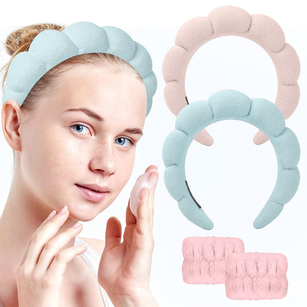 Sponge Spa Headband for Women, Soft Terry Towel Cloth Fabric with 2PCS Wrist Washband for Skincare.