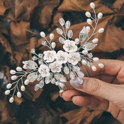 Unicra Silver Flower Bride Wedding Hair Comb - Pearl & Crystal Bridal Headpiece Jewelry for Women and Girls