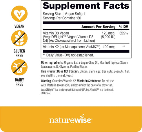 NatureWise Vitamin D3 + K2 with Plant Based Vitamin D3 5000IU & 100mcg Vitamin K2 - Max Absorption - 60 Softgels