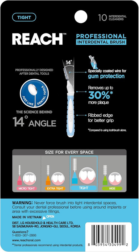 Reach Interdental Brush Cleaners, Tight, 10 Count, Sensitive Gum Protection, Plaque Remover