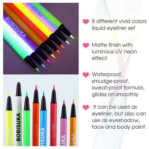 BOBISUKA 8 Colors UV Neon Liquid Eyeliner Set, Matte Colored Eyeliners, Waterproof Smudge-proof Pigmented Gift Kit