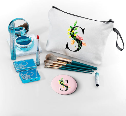 Personalized Makeup Bag, Gifts for Mom Birthday, Initial Gifts for Women with Mirror, Unique Sisters Gifts, (S)
