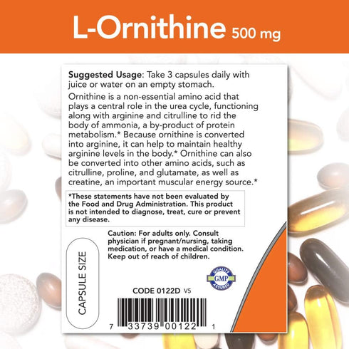 NOW Supplements L-Ornithine 500 mg, 120 Veg Capsules, Amino Acid Supplement