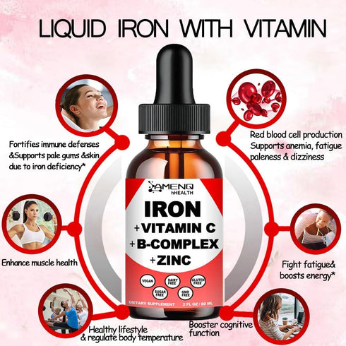 Liquid Iron Supplement w/Vitamin C, A, B-Complex, Vegan Iron Drops High Potency Liquid Vitamin & Iron Supplements