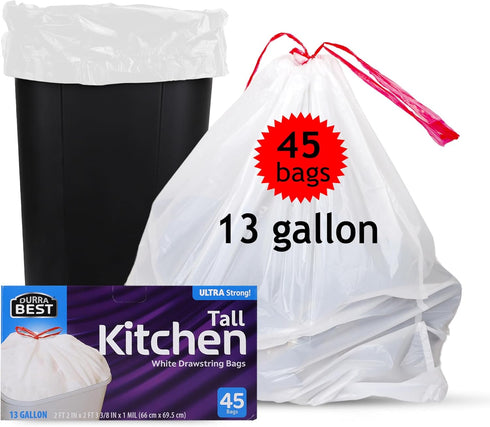 DURRA BEST. 13 Gallon Tall Kitchen Drawstring Trash Bags, 45 Count, Ultra Strong White Garbage Bags
