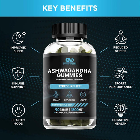 Ashwagandha Gummies 1500mg | Stress Relief, Immune Support, Calm Mood | 90 Count, Natural Strawberry Flavor