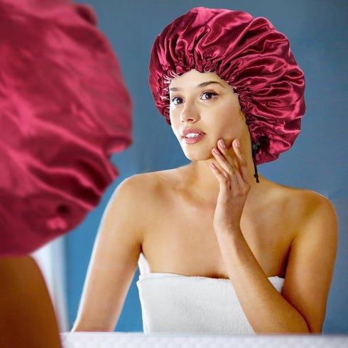 Satin Silk Bonnet for Curly Hair - Large Double-Layer Adjustable Braid Bonnet for Sleeping, Wine Red