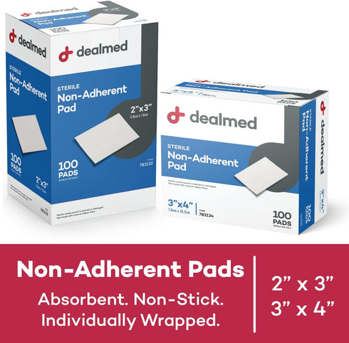 Dealmed Sterile Non-Adherent Gauze Pads 2" x 3", Non-Adhesive Wound Dressing, Box of 100, Highly Absorbent