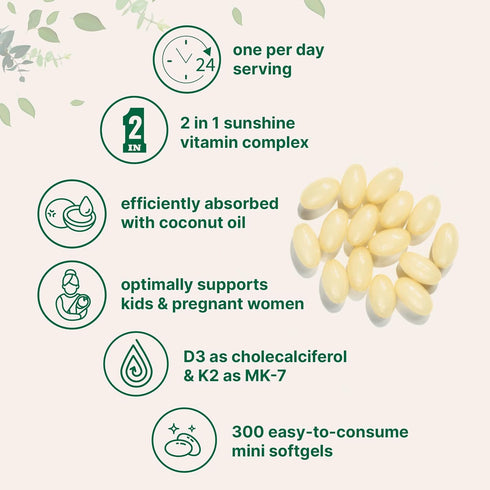 Micro Ingredients Vitamin D3 1,000 iu Plus K2 (MK-7) 25 mcg, 300 Virgin Coconut Oil Softgels | 2 in 1 Vitamins D & K