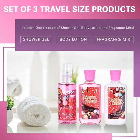 Vital Luxury Cotton Candy Bath & Body Travel Kit - 3 Fl Oz Skincare Gift Set, Includes Shower Gel, Lotion, Fragrance