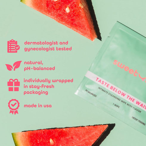 Pack 10 Sweetums Feminine Wipes For Women, Individually Wrapped - pH Balanced Flavored Intimate Wipes - of (Watermelon)