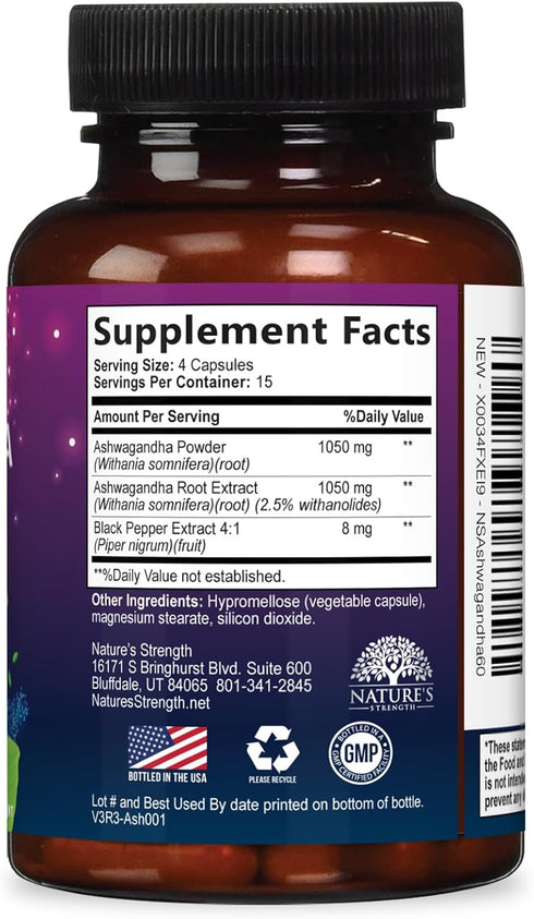 Nature's Strength 60 Ashwagandha Supplements - High-Absorption Ashwagandha Root Extract Powder with Black Pepper