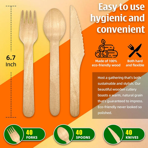 KETWOD 120-Piece Set: 40 40 40 100% Commercial Natural Wooden Cutlery Forks, Knives, Spoons, compostable/biodegradable