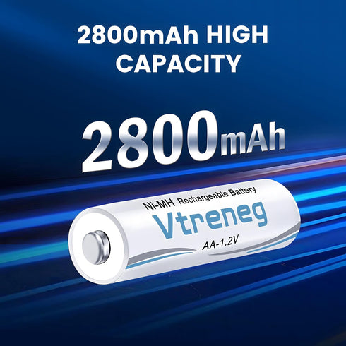 Vtreneg 1.2V 8 Pack, 2800mAh Rechargeable AA NiMH Batteries Long-Lasting Double A Battery, Leak-Proof, Low Self
