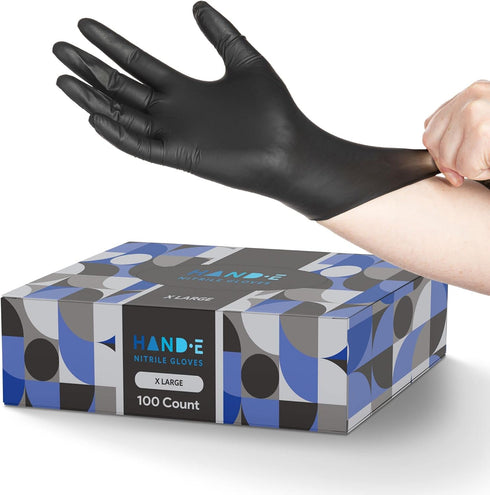 Hand-E Touch Black Nitrile Disposable Gloves, Latex Free for BBQ, Tattoo, Hair Dye, Cooking, Mechanic Use