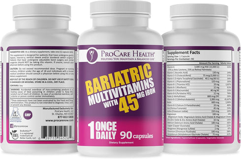 ProCare Health Once Daily Bariatric Multivitamin, 90 Count, 45mg Iron, Capsule
