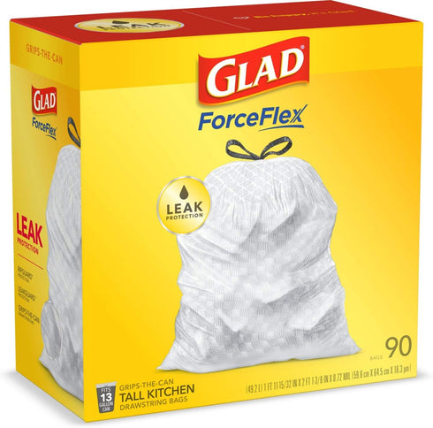 Glad Trash Bags, ForceFlex Tall Kitchen Drawstring Garbage Bags, White, 13 Gallon, 90 Count (Package May Vary)