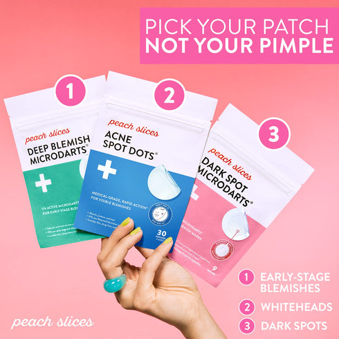 Peach Slices Acne Spot Dots Hydrocolloid Pimple Patches for Zits, Blemishes & Breakouts, Vegan, 30 Ct (3 Sizes)
