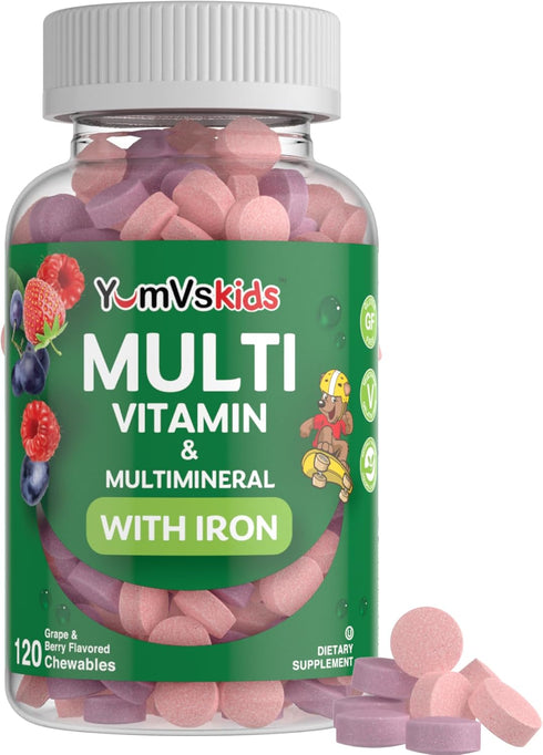 YumVs Complete Kids Multivitamin with Iron - Kids Chewable Multivitamin, 120 Tablets, Toddler Vitamins for 2 Year Old+,