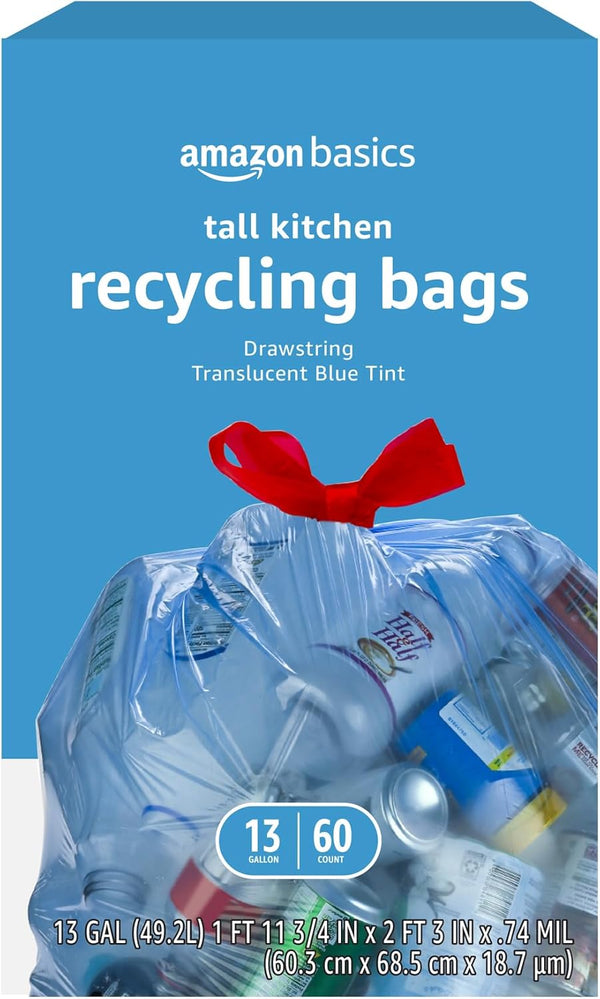 Amazon Basics Blue Unscented Recycling Trash Bags, 13 Gallon, 60 Count, Pack of 1