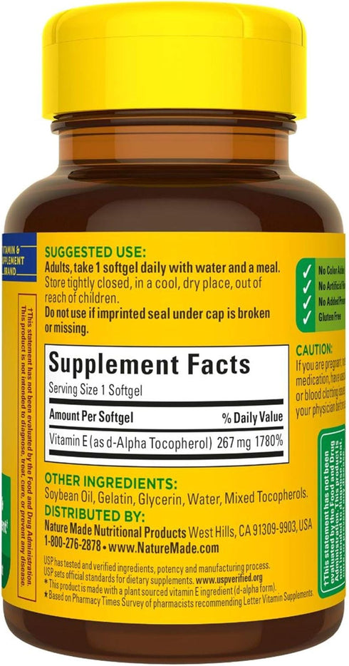 Nature Made Plant Sourced Vitamin E 267 mg (400 IU) d-Alpha Softgels, 100 Count, Pack of 3