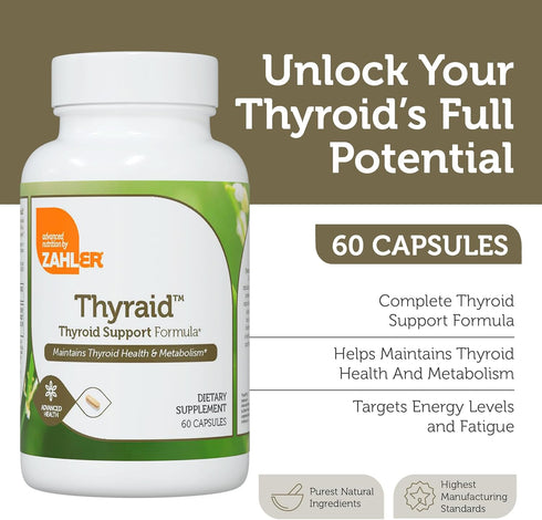 Zahler Thyraid - Thyroid Support Complex with Iodine, Zinc, L-Tyrosine, Ashwagandha, Forskholii - 60 Capsules