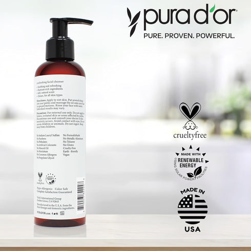 PURA D'OR 8 Oz Facial Cleansing Oil - Nourishing Botanical Blend with Vitamin, Jojoba, Sunflower Oil, Paraben-Free