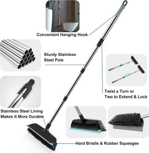 BITOPE Floor Scrub Brush with Long Handle, 10" Heavy Duty Cleaning Brush for Shower, Deck, Tile, Kitchen