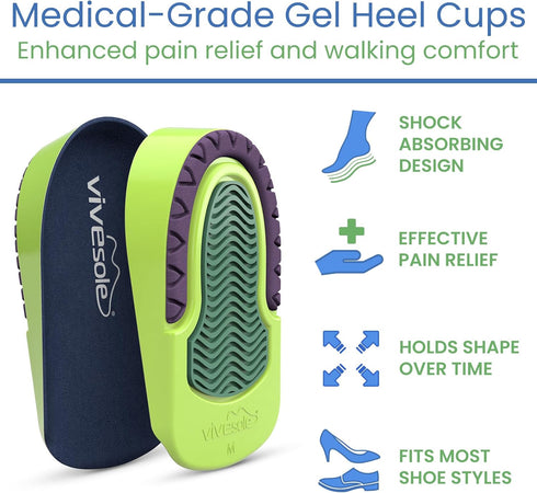 Gel Heel Cups for Pain Relief (Pair), Heavy Duty Cushions for Plantar Fasciitis, Achilles Tendonitis, Bone Spurs, Flat