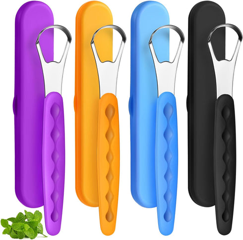 4 Pcs Stainless Steel Tongue Scraper Cleaner for Adults and Kids, Reduce Bad Breath with Travel Cases (Purple, Orange,