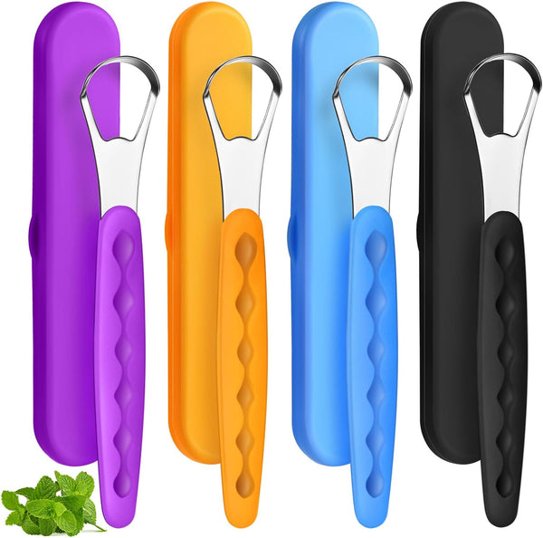 4 Pcs Stainless Steel Tongue Scraper Cleaner for Adults and Kids, Reduce Bad Breath with Travel Cases (Purple, Orange,