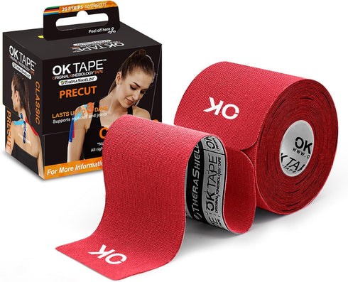 OK TAPE Kinesiology Tape, 10 inches Precut, 20 Strips, Cotton Elastic Athletic Tape, Latex Free, Red