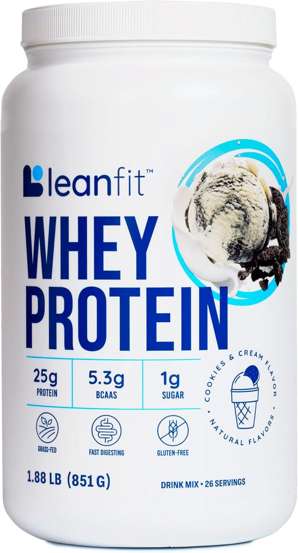 LeanFit WHEY Protein Cookies & Cream, 100% Whey Protein Powder, 25g Protein, Grass-Fed, Gluten-Free, 26 Servings, 1.88