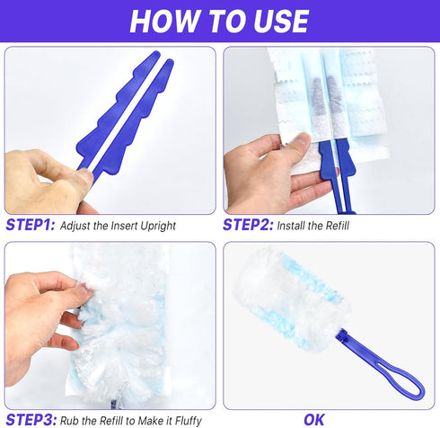 60Pcs Electrostatic Fluffy Duster Refills for Cleaning, Disposable Replacement Refills with 2 Handles for Multi-Surface