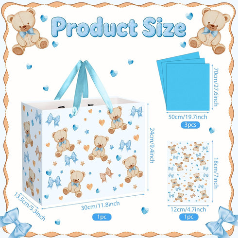 Peconal 1st 2nd Bear Baby Shower Birthday Gift Bag Large Blue Bear Baby Gift Bag with Handles Tissue Paper Greeting