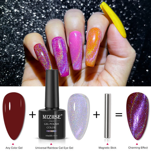 MIZHSE 10ml Universal Rainbow Cat Eye Gel Polish, Laser Holographic 9D Soak Off LED U V Nail Art Varnish with Magnetic