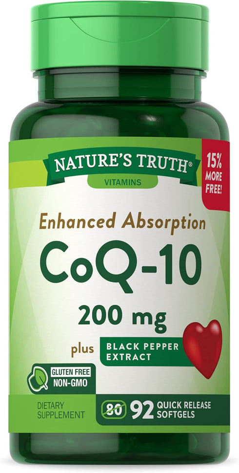 Nature's Truth CoQ10 200mg Softgels, 92 Count, Enhanced Absorption with Black Pepper Extract, Non-GMO
