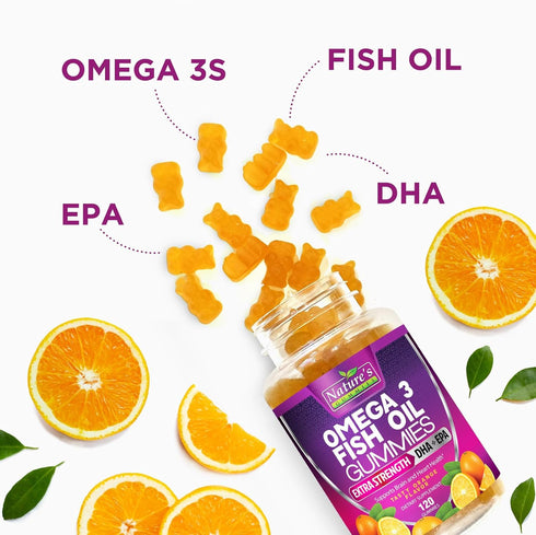 Omega 3 Fish Oil Gummies - 120 Gummies, Extra Strength DHA & EPA for Joint, Heart & Brain Support, Orange Flavor