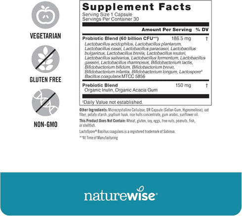 NatureWise Probiotics - 60 Billion CFU, 17 Strains + Organic Prebiotics, 30 Capsules for Immune & Digestive Health