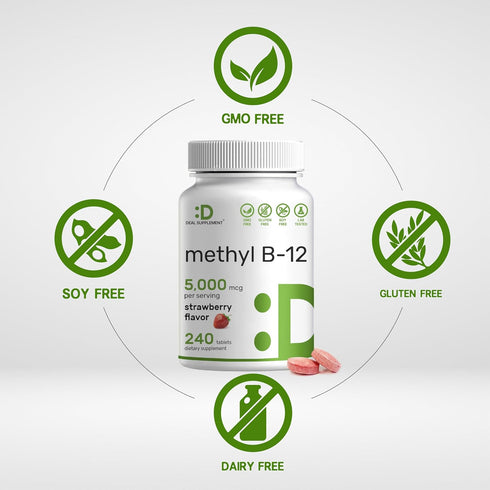 DEAL SUPPLEMENT Methyl B-12 Vitamins 5000 mcg, 240 Chewable Tablets, Strawberry Flavored, Energy Support