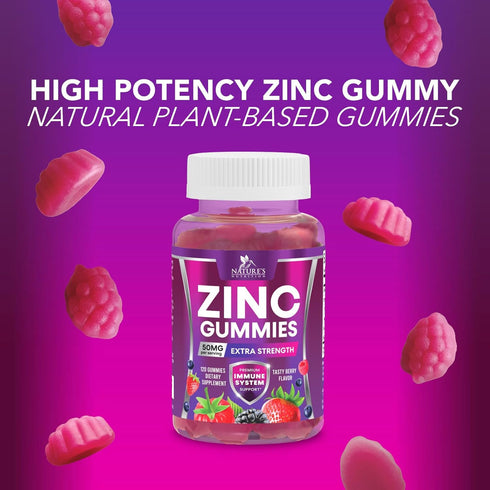 Zinc Gummies for Adults 50 mg, High Absorption Immune Health Support, Vegan, Gluten Free, Mixed Berry Flavor, 120 Count